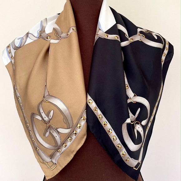 Gucci Logo Chains Color-Block Black Beige Silk Scarf - Picture 1 of 12